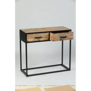 console en bois avec deux tiroirs et structure métallique au design industriel