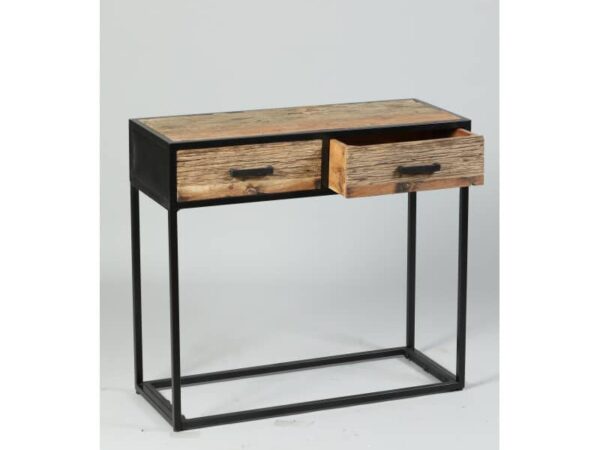 console en bois avec deux tiroirs et structure métallique au design industriel