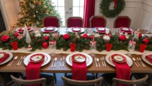 Table allongée dressée pour un repas de Noël avec décorations festives