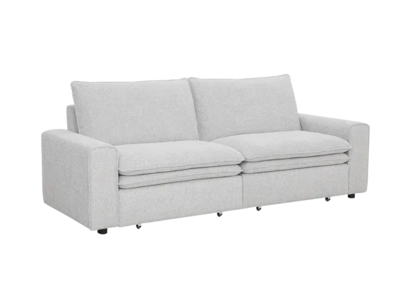 Light gray fabric sofa with two seat cushions and two back cushions.