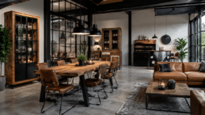 Mobilier industriel bien agencé dans un loft moderne et spacieux.
