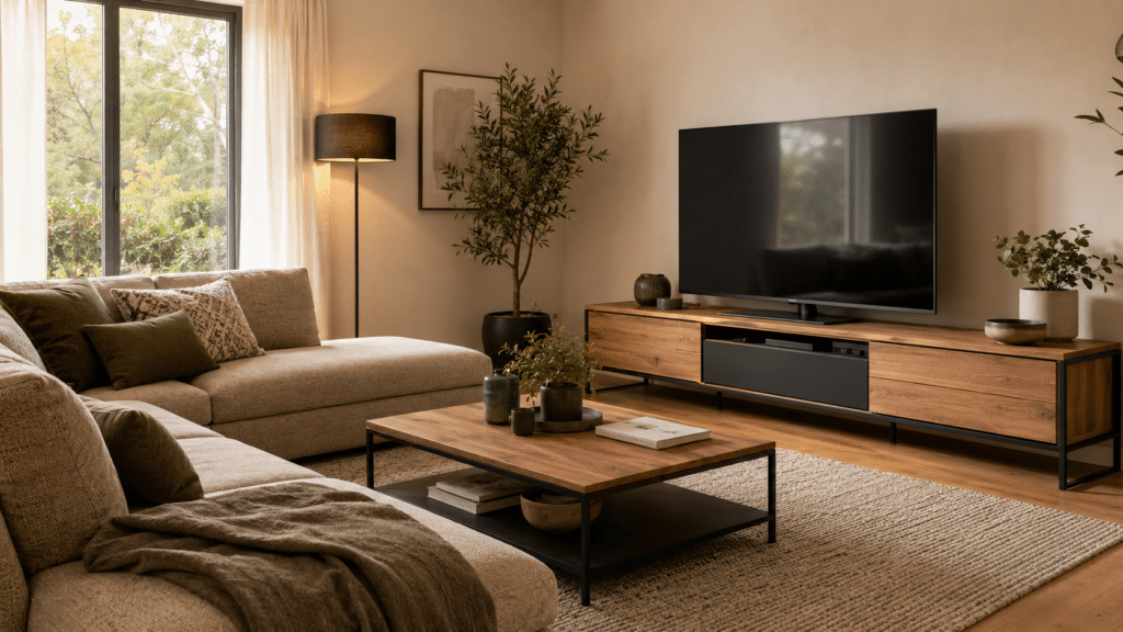 Cozy living room with a beige sectional sofa, throw blanket, and green cushions, facing a wooden coffee table and a large flat-screen TV on a wooden media console.