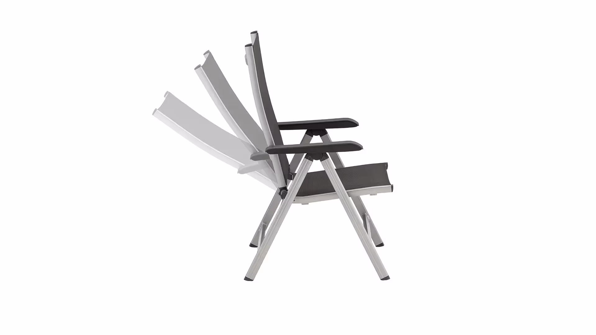 Folding outdoor chair with adjustable backrest shown in multiple recline positions (gray scale)