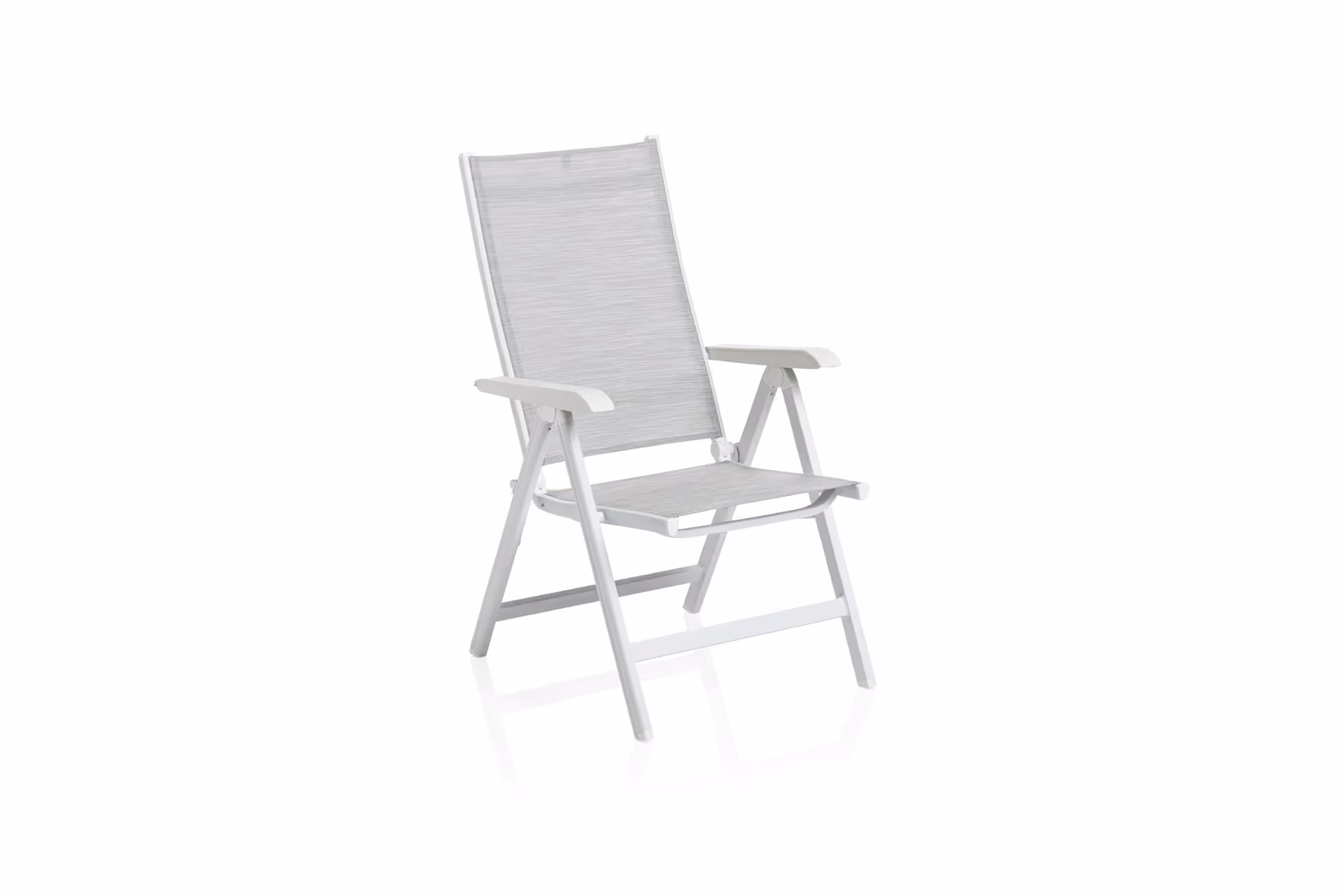 White folding outdoor chair with mesh back and armrests on a white background