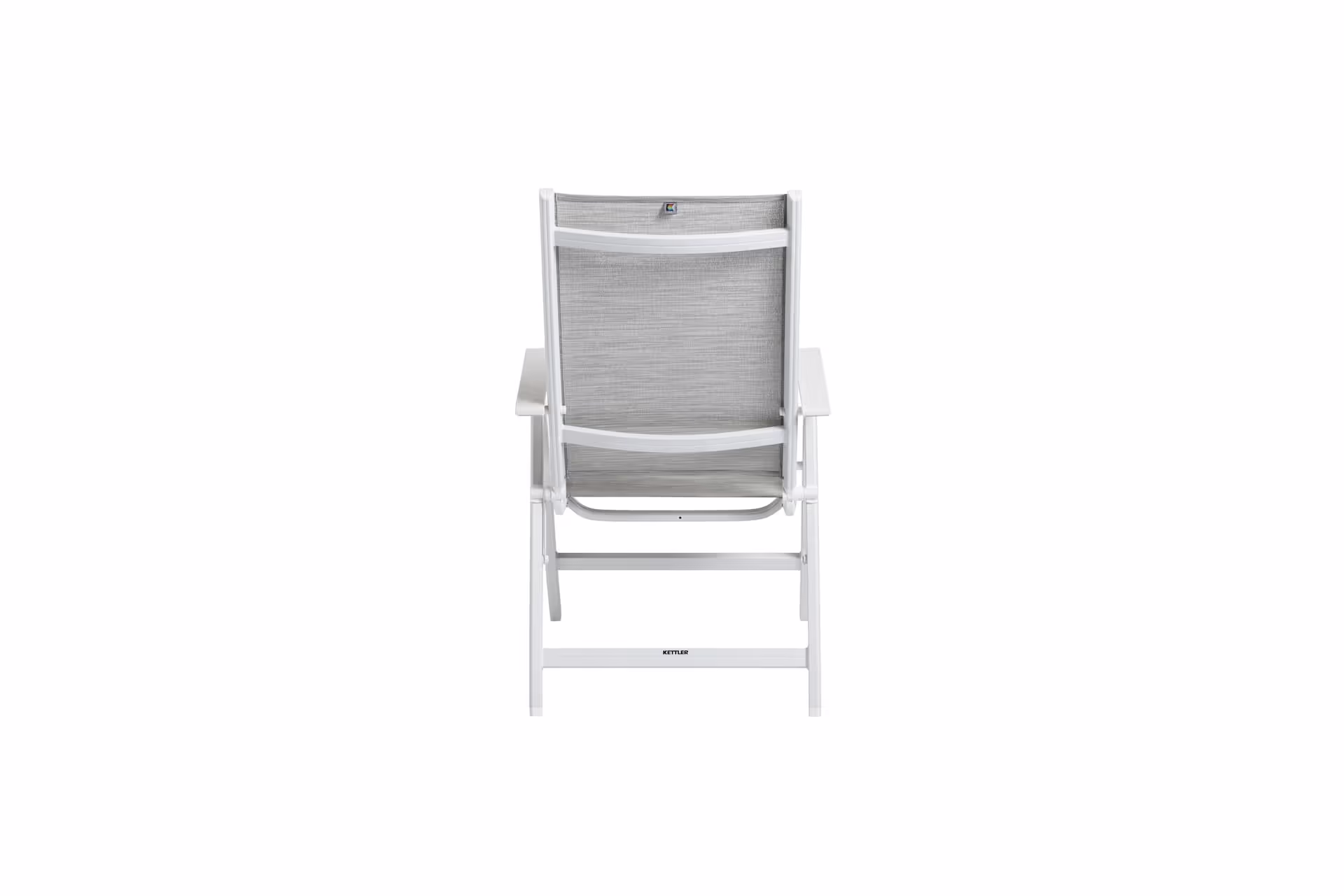 Back view of a white outdoor chair with grey mesh backrest and seat on a white background.