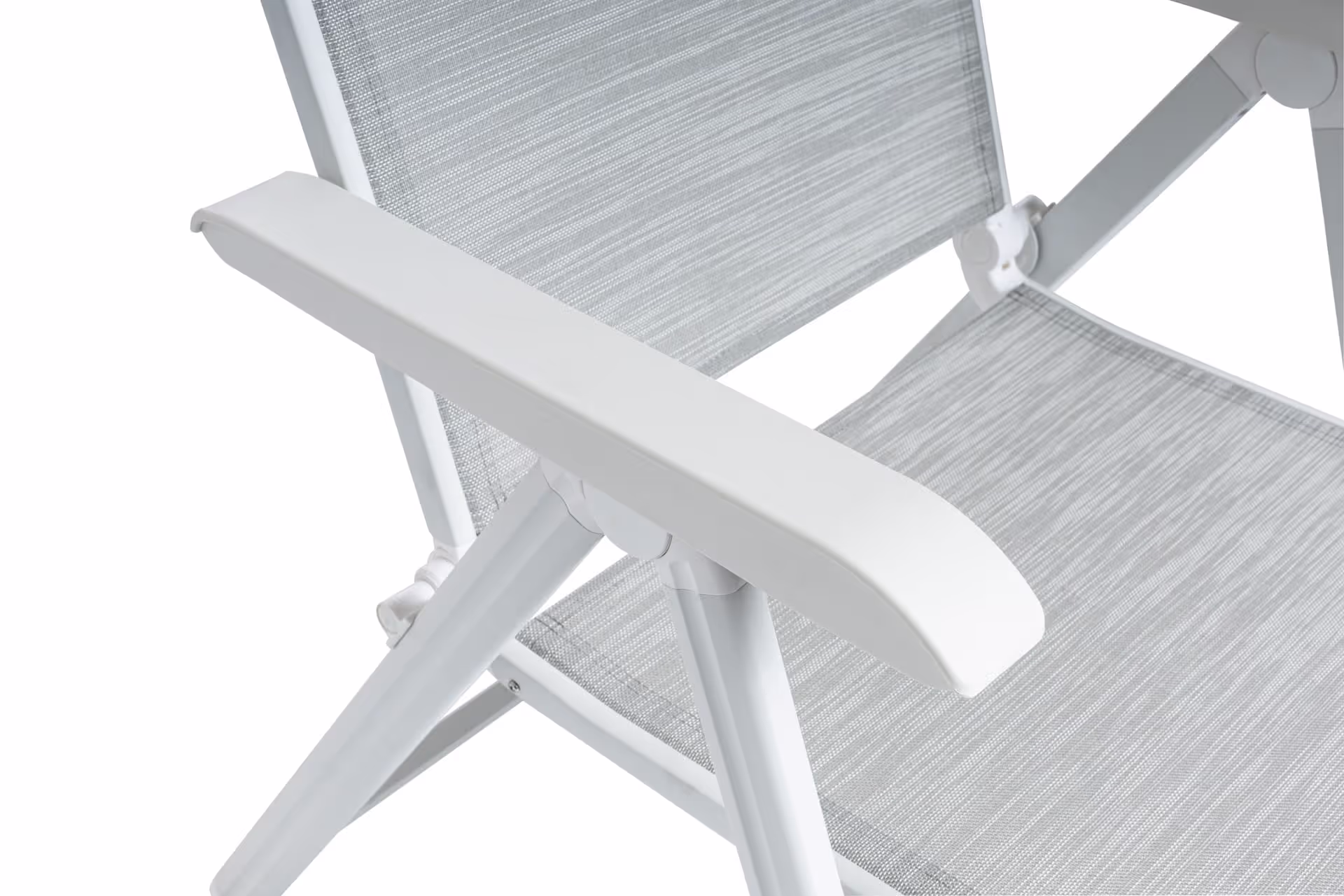 Close-up of a white metal chair frame with a gray mesh seat and armrest, showing the reclining mechanism.