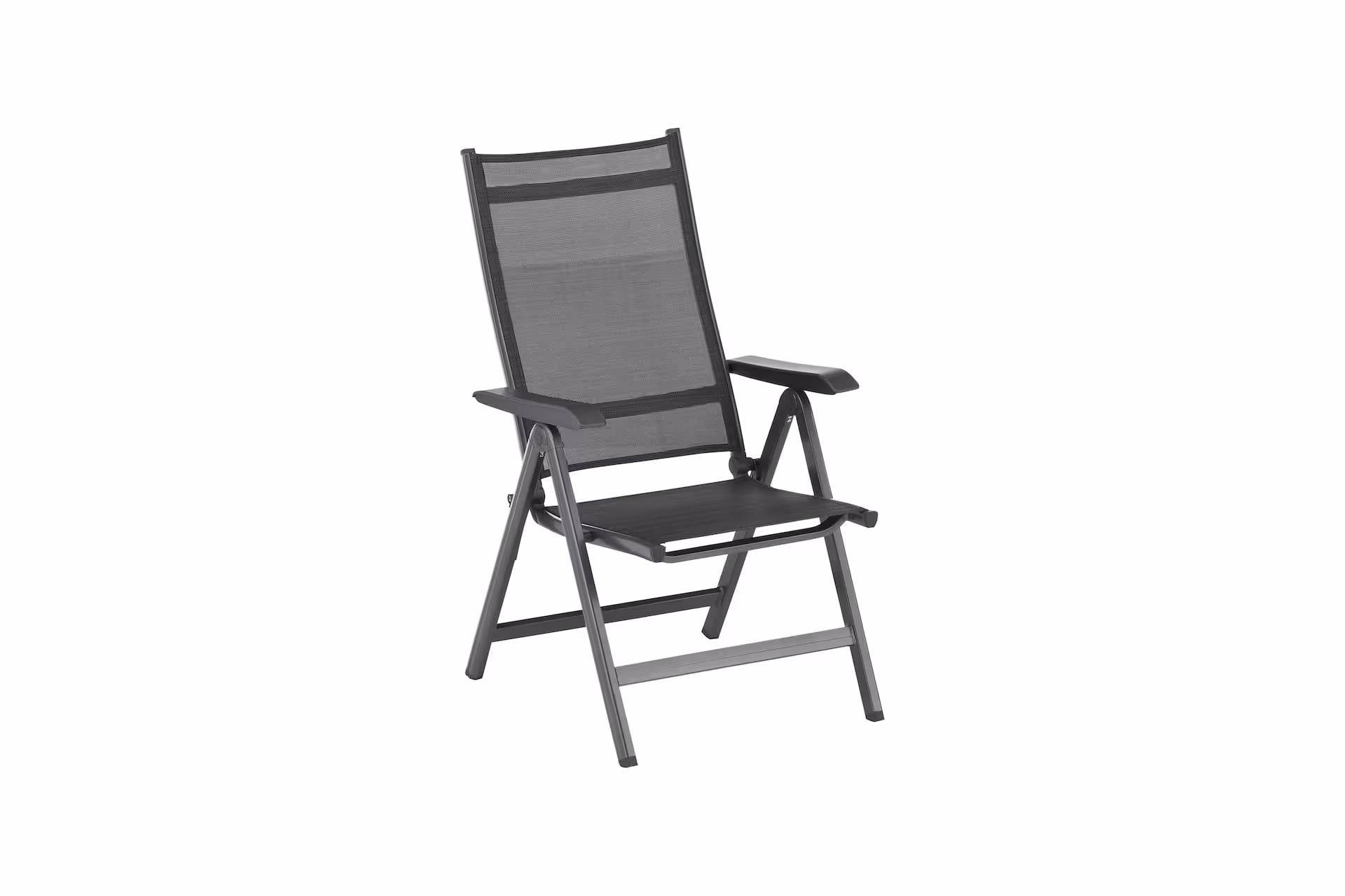 Black folding chair with mesh back and padded arms, shown from a diagonal angle.