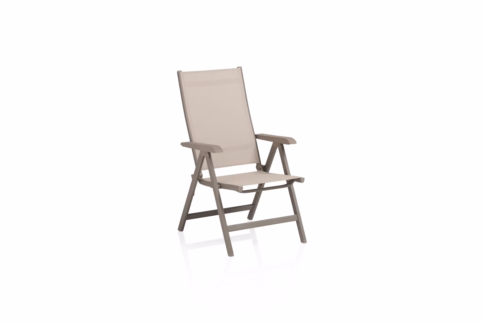 Beige fabric folding chair with wooden legs and armrests, viewed from front-left.