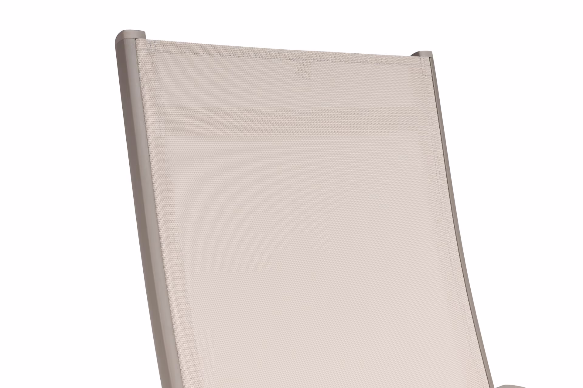 Close-up of a beige fabric chair back with a gray metal frame along the edges.