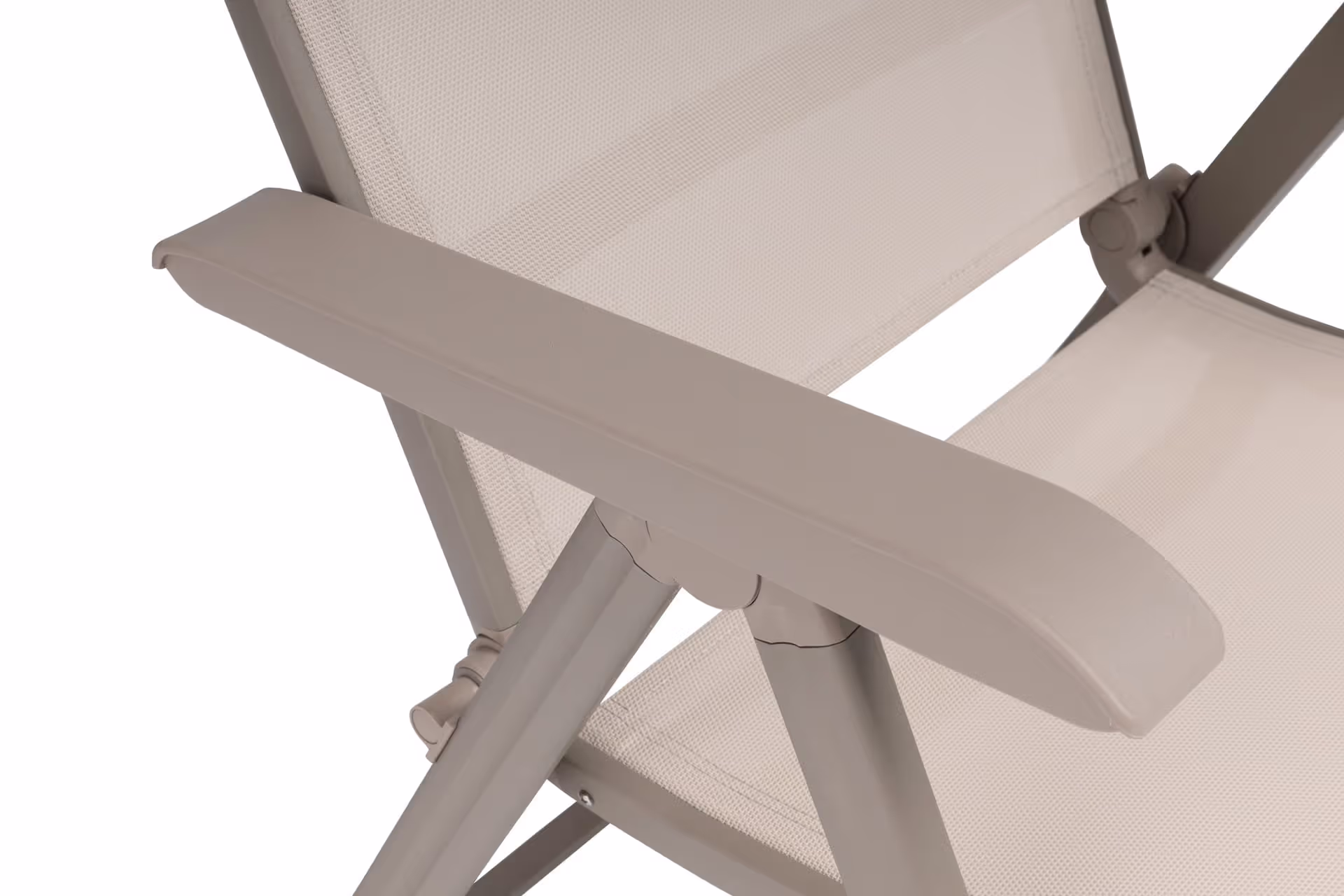 Close-up of a beige fabric patio chair with a metal frame and hinge detail.