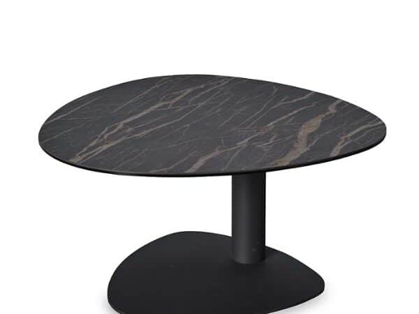 Round black marble-top coffee table with a single central pedestal and rounded base.