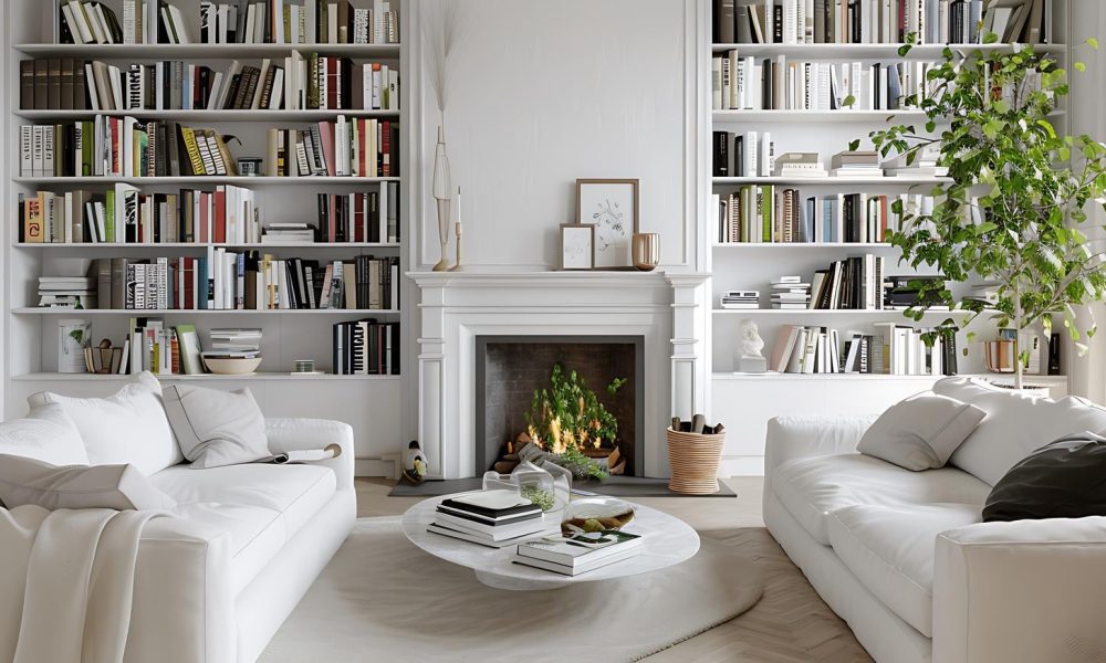 cheminée ancienne encadrée par une bibliothèque sur mesure créant un point focal chaleureux et raffiné dans le salon